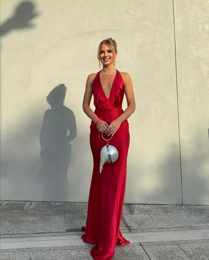 TingPo Wholesale Elegant Mermaid Halter V Neckline Slim Fit Satin Red Prom Dress Long Evening Dresses